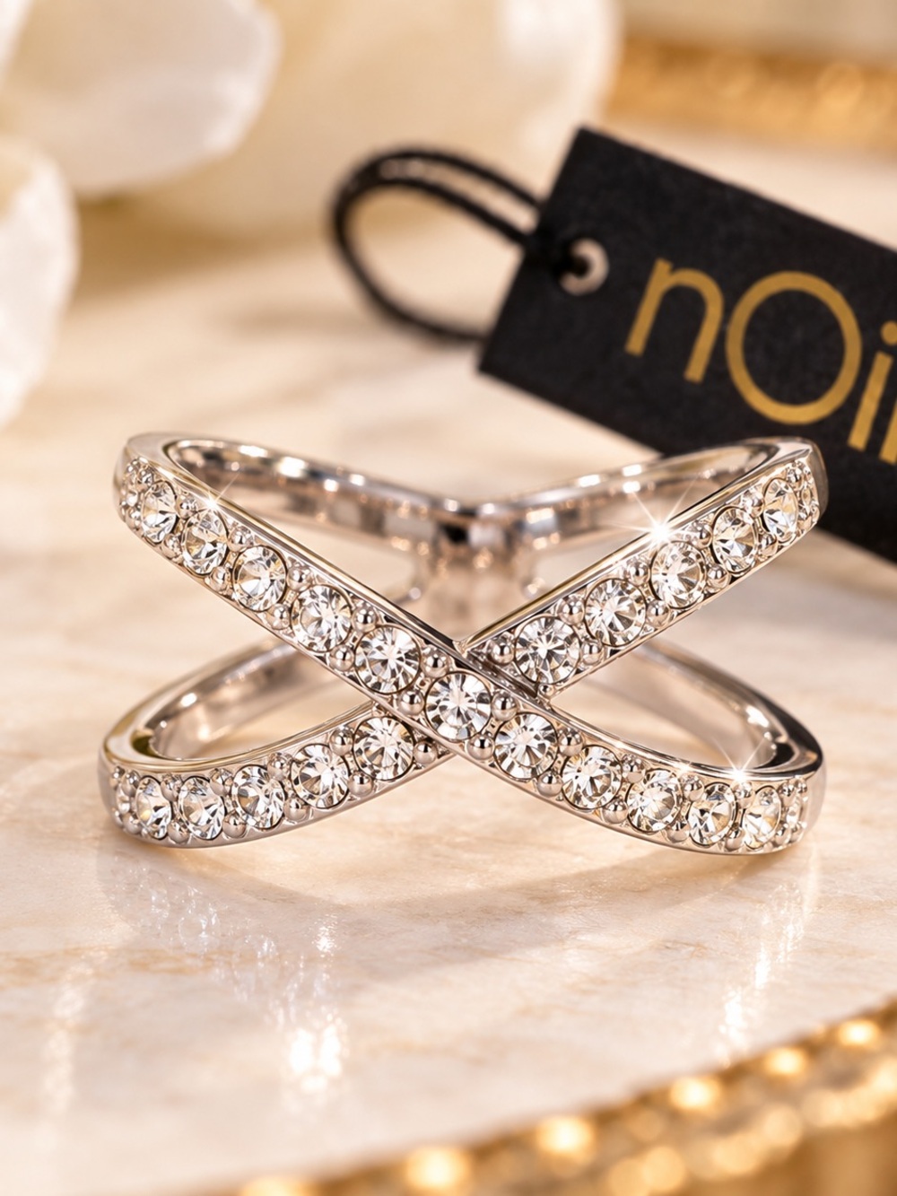 nOir Jewelry Crystal X Crossover Ring Silver Tone NWT Size 6.5/7